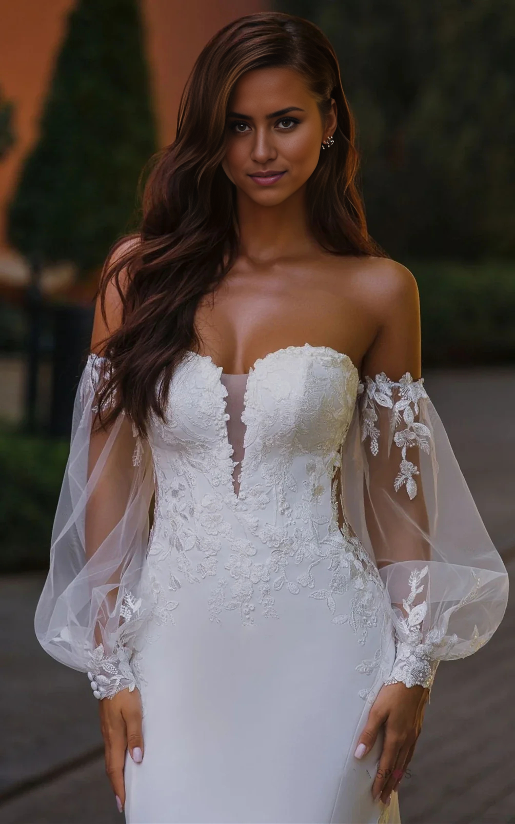 Wholesa Mermaid Appliques Plunging Neck Chiffon Tulle Wedding Dress